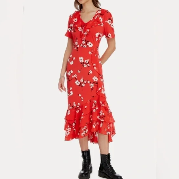 NWOT Karl Lagerfeld Ruffled Floral Midi Dress - Picture 2 of 7
